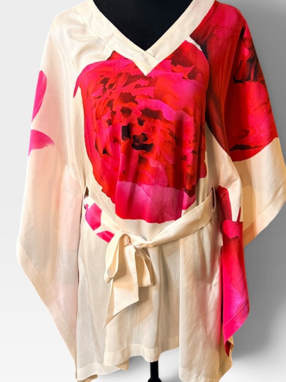 Jaeger London 100% Silk Floral Kaftan Tunic Dress V-Neck S/M
